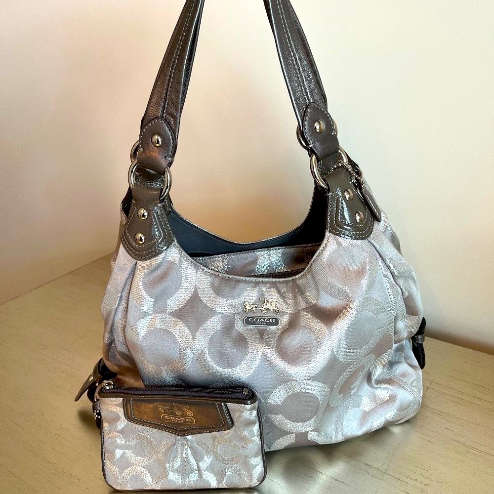 Coach Silver Signature Shoulder Bag and Matching Wristlet Wallet